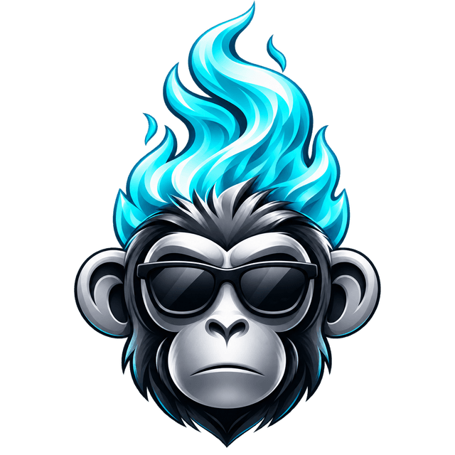 Smoke Monkey Brand Mascot — Cybernetic Ape with Cyan Flame Hair