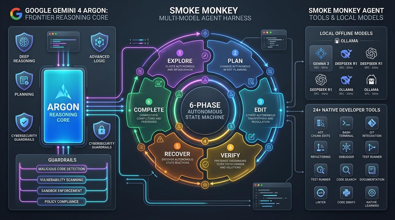Google Gemini 4 Argon vs Smoke Monkey Multi-Model Agent Harness Architecture